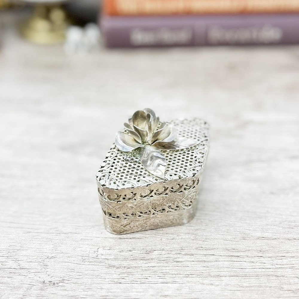 Vintage Silver Ring Box with Metal Rose: Floral Vanity Decor